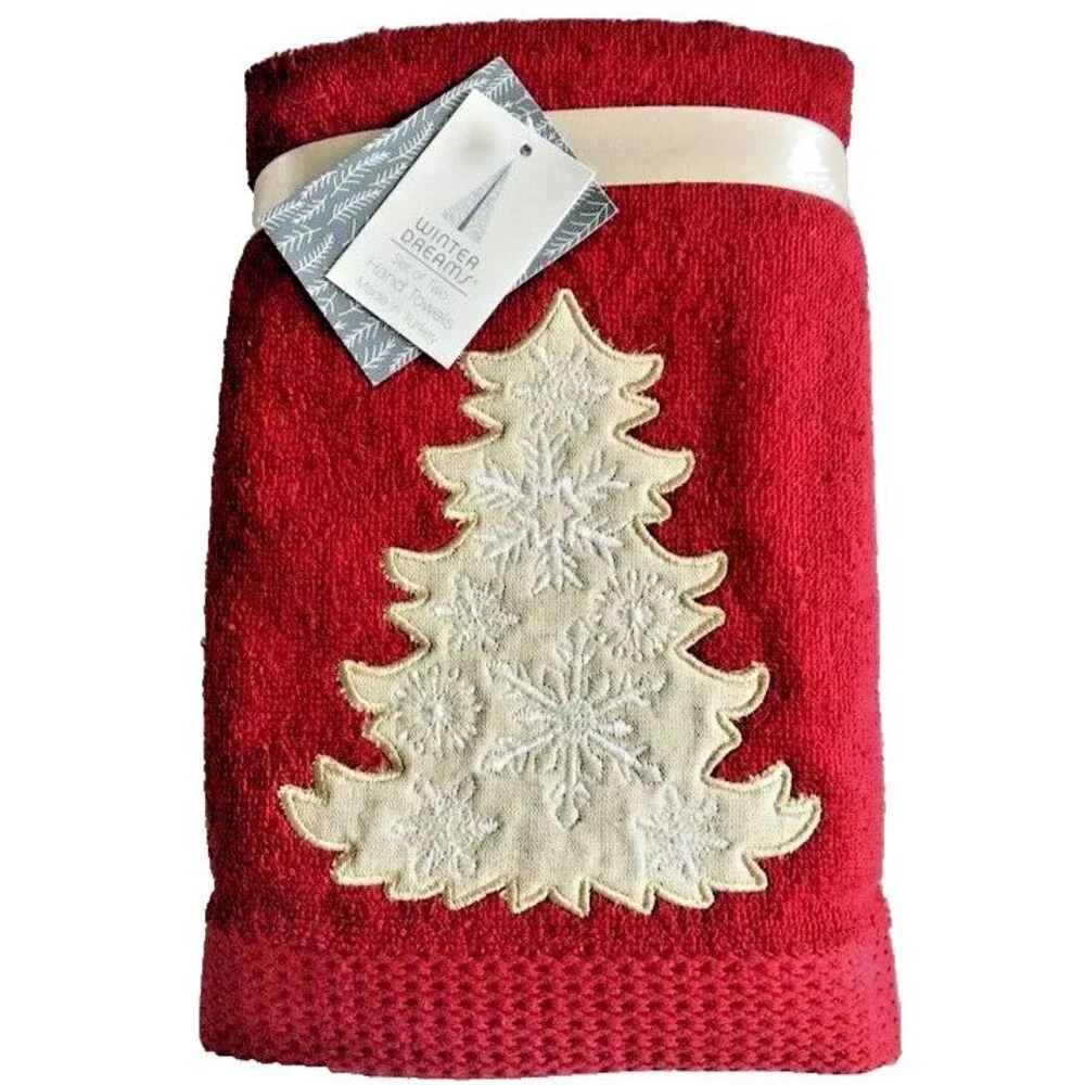 Christmas Tree Hand Towels Snowflake Appliqued Holiday Embroidered Red Set of 2
